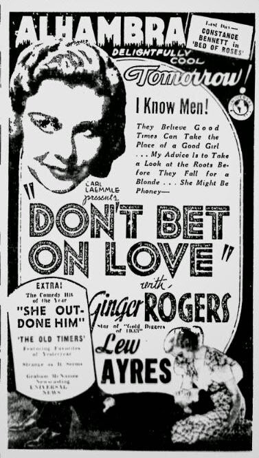 Обложка (Постер) Не люби на пари / Don't Bet on Love (1933) SATRip